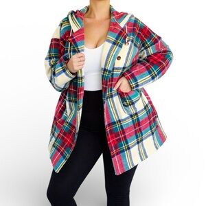 Vintage JK America red green plaid plus size hooded fleece jacket size 14/16